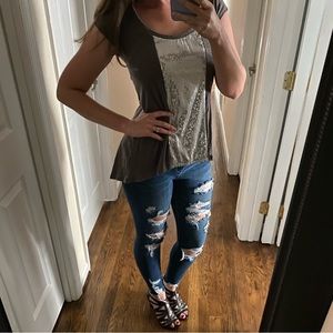 Gray Silver Sequin Small Short Sleeve Blouse Top